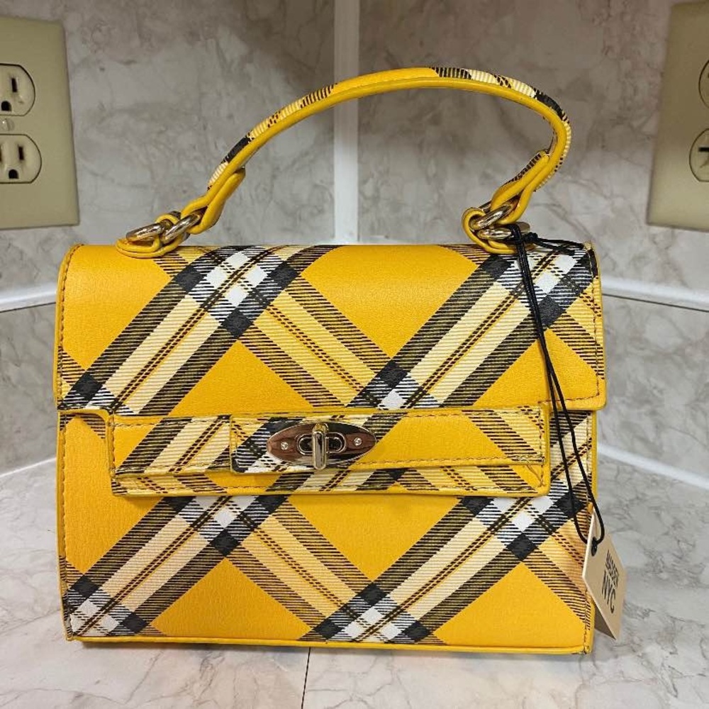 Yellow and Black Plaid Satchel with Glossy Finish